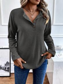 SHEIN LUNE Half Button Drop Shoulder Waffle Knit Tee - Dark Grey - View 6