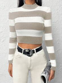 Two Tone Mock Neck Crop Sweater