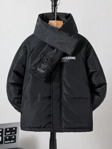 SHEIN Tween Boy Letter Graphic Raglan Sleeve Hooded Padded Coat & Scarf - Black - View 1