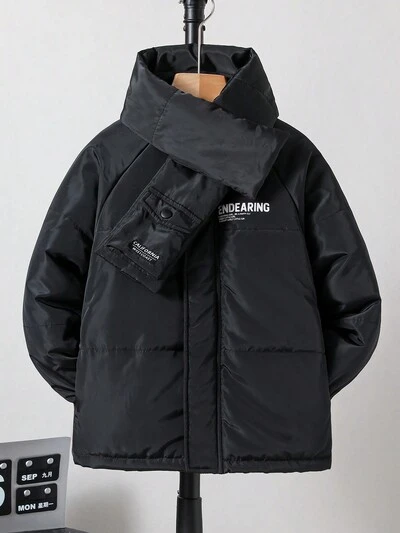 Tween Boy Letter Graphic Raglan Sleeve Hooded Padded Coat & Scarf