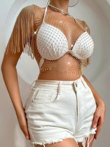 Zolique 水钻流苏边透明背心（不含胸罩）适合新年假期派对服装 - 金色 - 查看 4