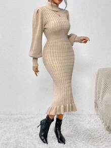 SHEIN Clasi Turtleneck Lantern Sleeve Ruffle Hem Sweater Dress Fall Winter Cloth For Women - Apricot - View 6