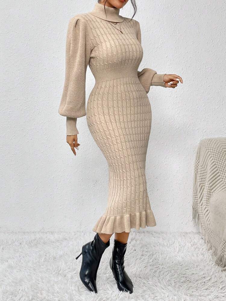 Turtleneck Lantern Sleeve Ruffle Hem Sweater Dress Fall Winter Cloth For Women