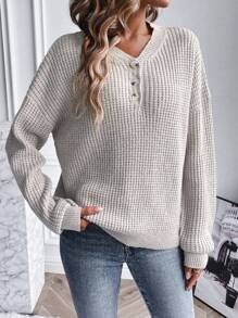 SHEIN Essnce Jersey con botón de hombros caídos tejido de canalé - Albaricoque - Ver 1