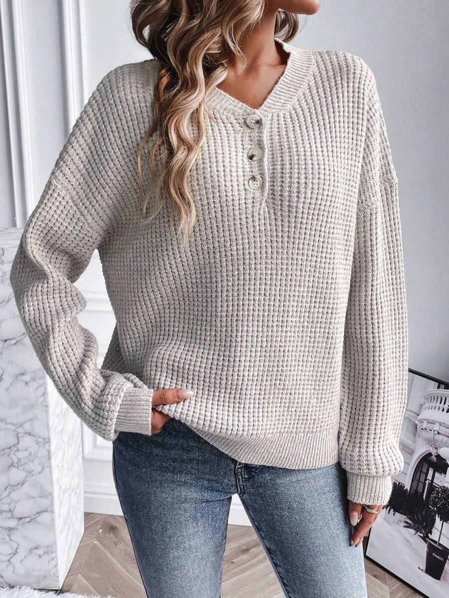SHEIN Essnce Jersey con botón de hombros caídos tejido de canalé - Albaricoque - Ver 1