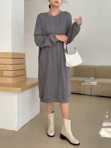 DAZY Solid Drop Shoulder Tee Dress,Fall Dress - Grey - View 1