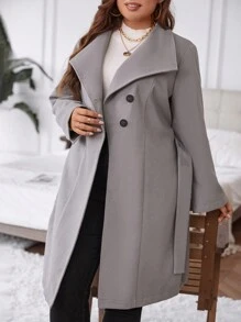 SHEIN LUNE Talla grande Abrigo de cuello cascada con cinturón - Gris - Ver 1