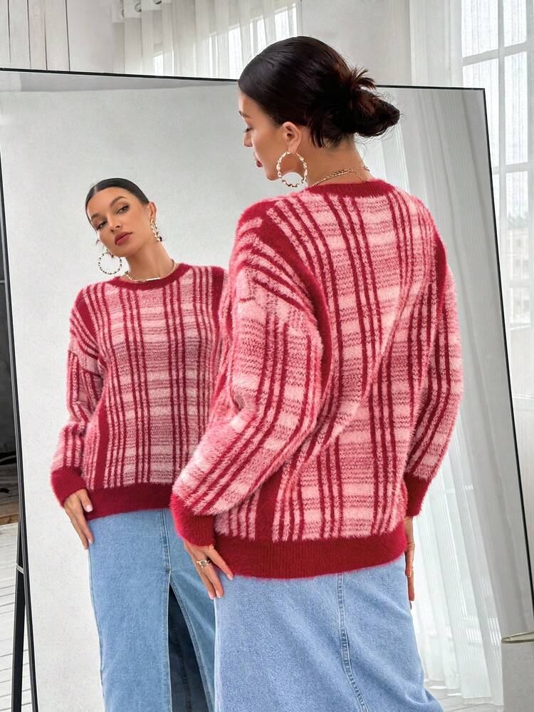 Plaid Pattern Drop Shoulder Sweater
