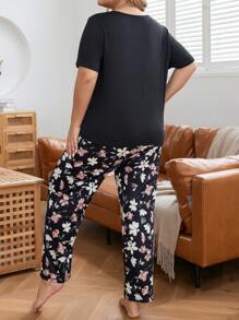 Plus Floral Print PJ Set - Black - View 3