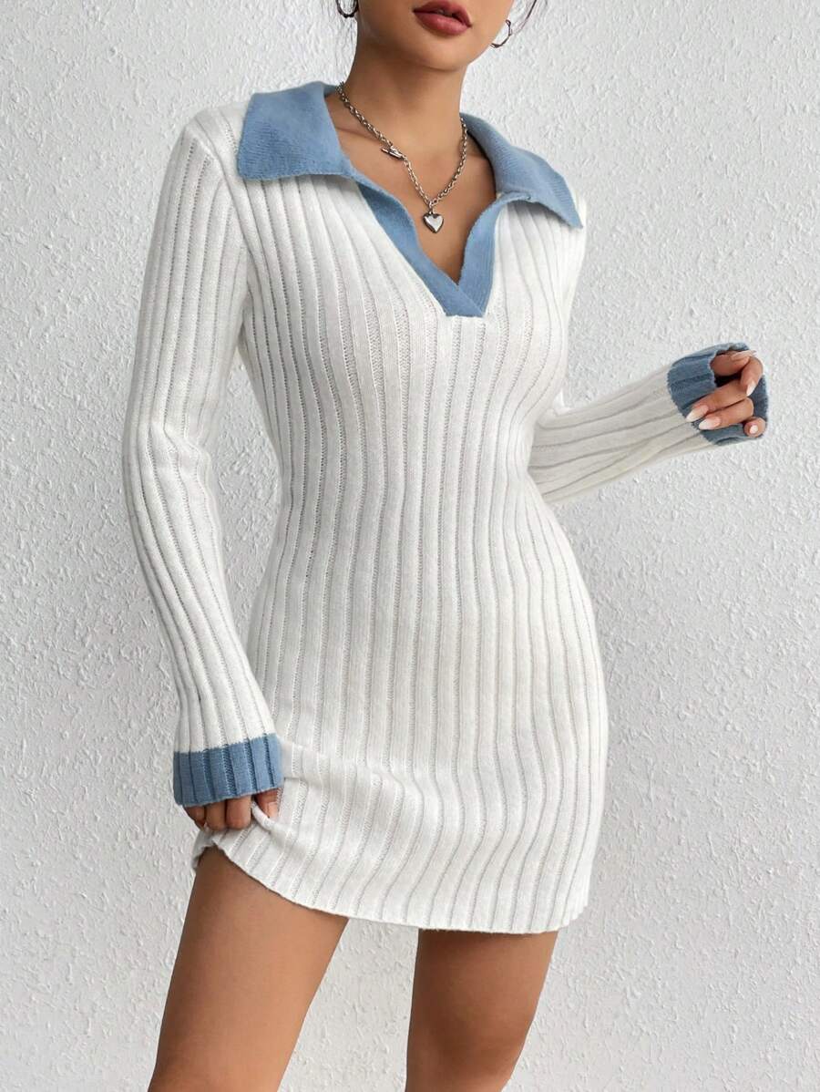 SHEIN Unity 撞色飾邊毛衣洋裝 - 藍白色 - 查看 1