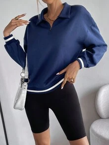 SHEIN Essnce Striped Trim Half Zip Drop Shoulder Sweatshirt - Navy Blue - View 5