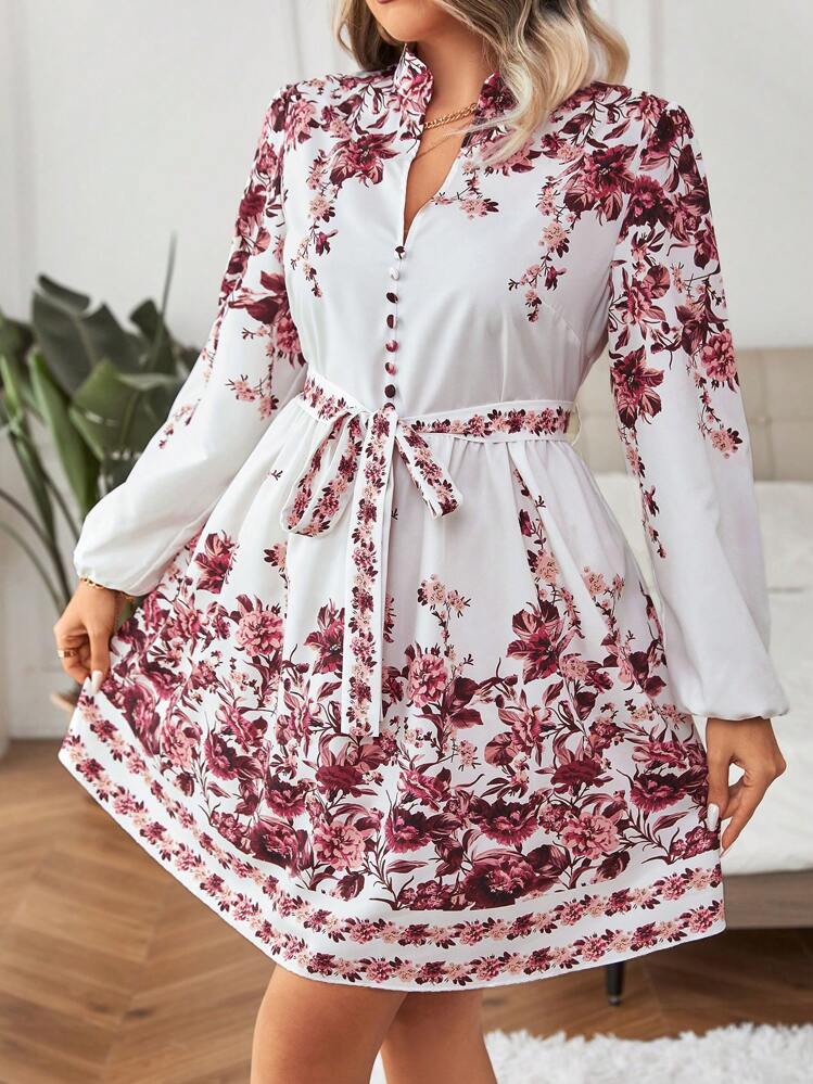 SHEIN Essnce プラス 花柄プリント ランタンスリーブ ベルト