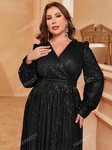 Faeriesty Plus Surplice Neck Lantern Sleeve Sequin Formal Dress Black Elegant Long Sleeve Prom Evening Wedding Guest Gown, For Graduation, Dinner Party Dress