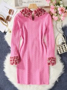 SHEIN Tween Girl Contrast Leopard Pattern Borg Collar Fuzzy Cuff Dress - Berwarna merah muda - View 2