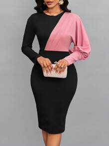 SHEIN Lady 女士圆领单羊腿袖修身优雅通勤办公室迷你连衣裙，春秋季 - 彩色 - 查看 3
