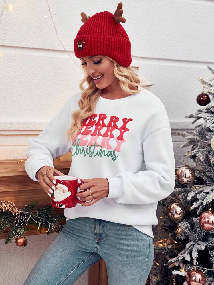 Christmas Print Drop Shoulder Sweatshirt Pullover Fall Sweatshirt