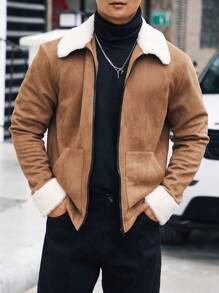 Manfinity Homme Men Borg Collar Zip Up Jacket - Coffee Brown - View 1
