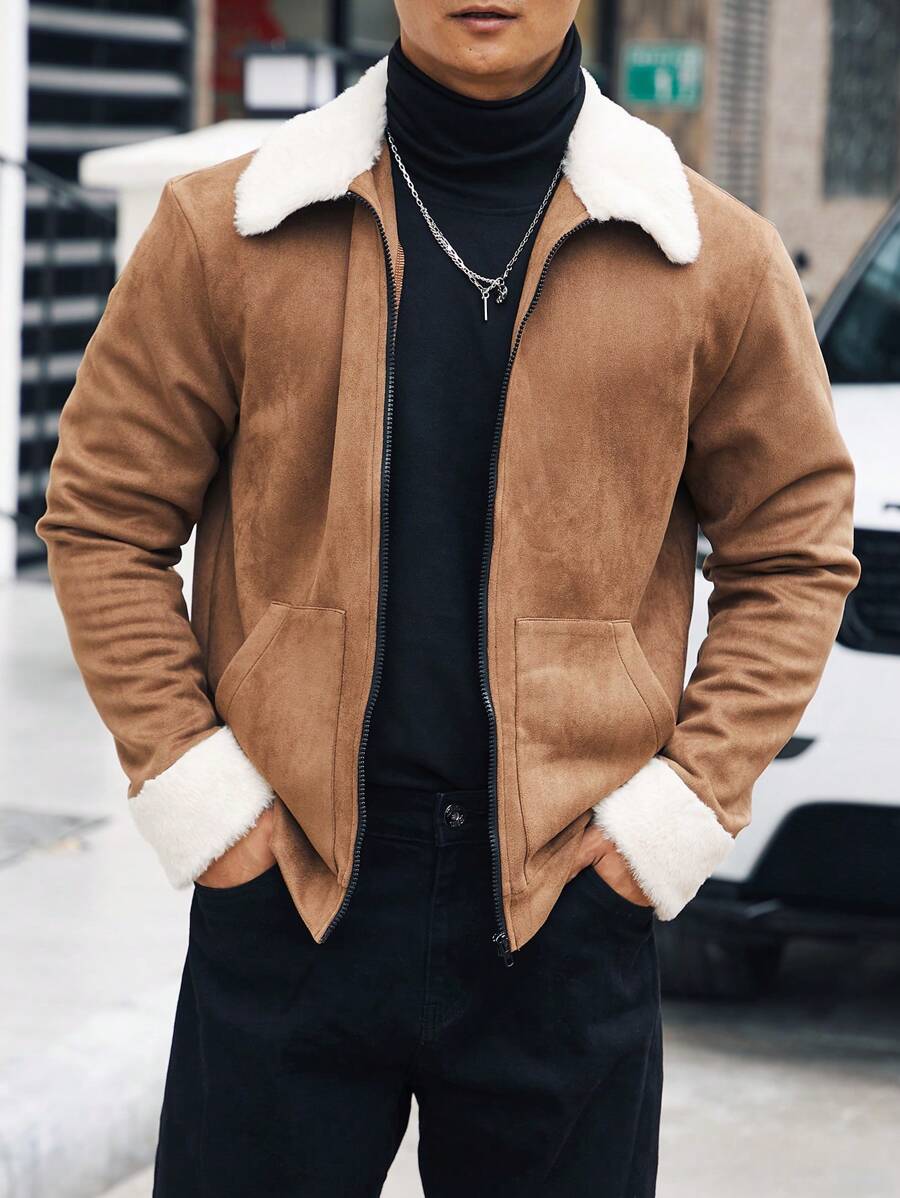 Manfinity Homme Men Borg Collar Zip Up Jacket - Coffee Brown - View 1