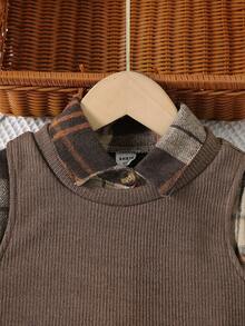 SHEIN Young Girl Plaid Print Ruffle Hem Dress & Tank Top - Brown - View 5