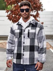 Manfinity Homme 男士大码格紋印花翻蓋口袋襯衫式夾克 - 黑與白 - 查看 3
