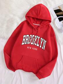 SHEIN EZwear Áo hoodie giữ ấm có dây rút in chữ, thích hợp cho lễ tốt nghiệp, tựu trường, lễ tốt nghiệp, giáo viên nữ, áo nỉ mùa thu tựu trường. - Đỏ - Xem 1