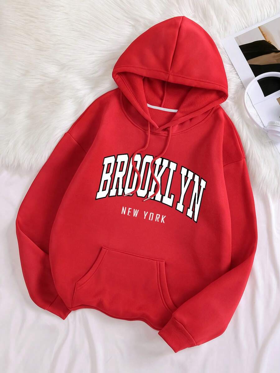SHEIN EZwear Áo hoodie giữ ấm có dây rút in chữ, thích hợp cho lễ tốt nghiệp, tựu trường, lễ tốt nghiệp, giáo viên nữ, áo nỉ mùa thu tựu trường. - Đỏ - Xem 1