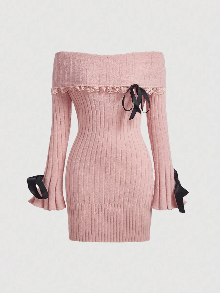 SHEIN MOD 一字肩木耳邊毛衣洋裝 - 粉色 - 查看 1