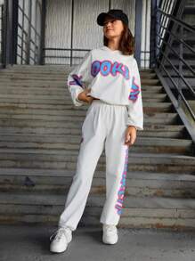 RueChic Teen Girl Letter Graphic Drop Shoulder Hoodie & Sweatpants - White - View 5
