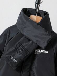 SHEIN Tween Boy Letter Graphic Raglan Sleeve Hooded Padded Coat & Scarf - Black - View 5