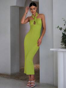 Sollinarry Cắt ra Không lưng Dây Đầm Party - Màu xanh chanh - Xem 3