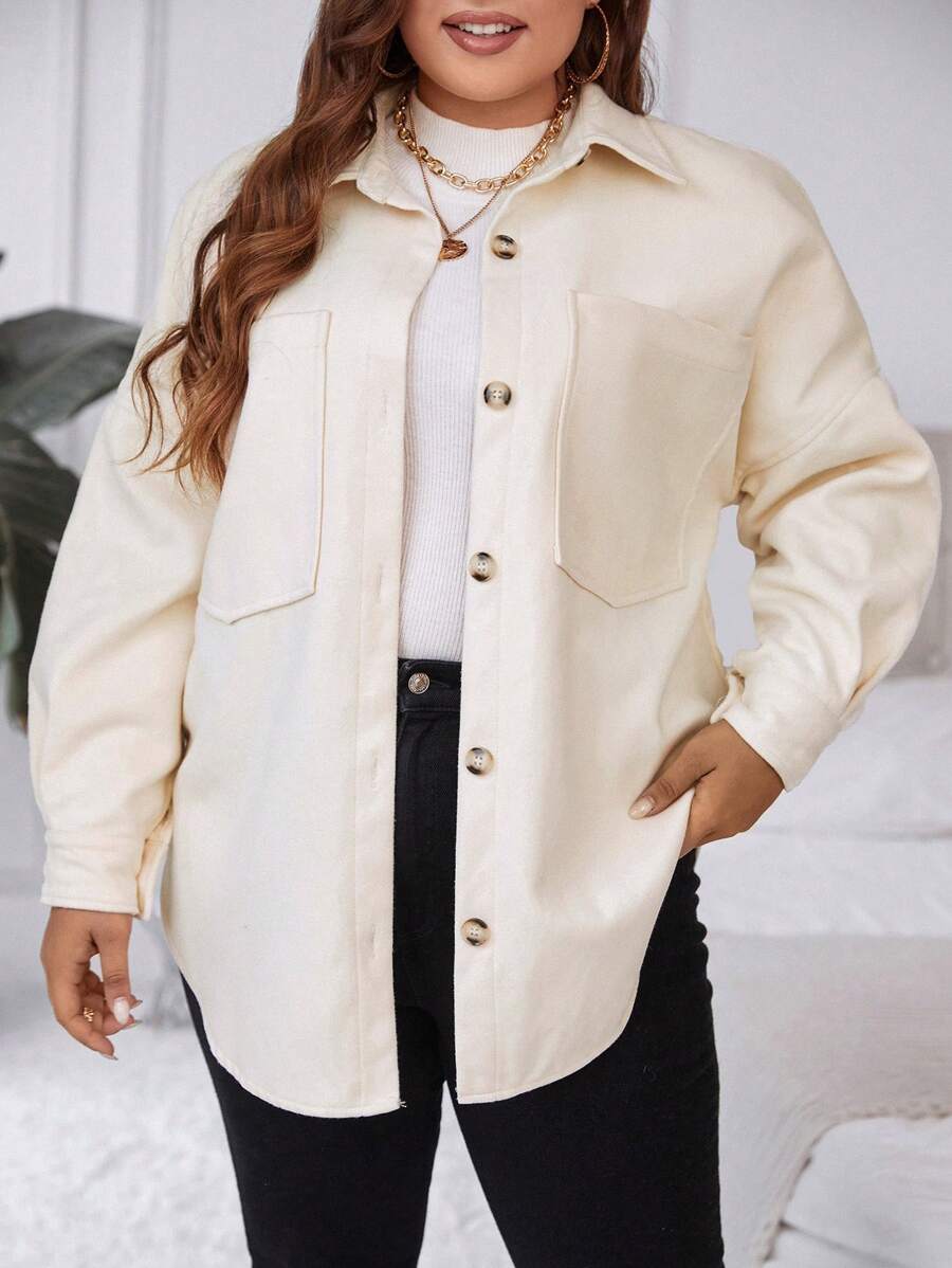 SHEIN LUNE Plus Drop Shoulder Pocket Patched Curved Hem Overcoat - Apricot - View 1