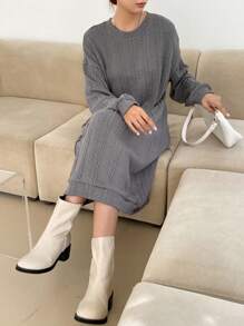 DAZY Solid Drop Shoulder Tee Dress,Fall Dress - Grey - View 2