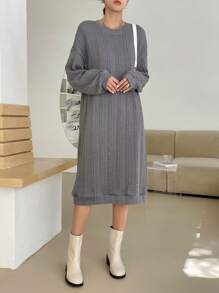 DAZY Solid Drop Shoulder Tee Dress,Fall Dress - Grey - View 4