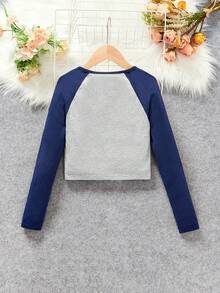 SHEIN Cô gái Tween In Sao Tay Raglan Áo thun - Màu xanh hải quân - Xem 2