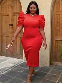 Vestido ajustado de manga farol con abertura trasera - Rojo - Ver 5