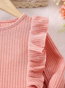 Top Y Leggings Para Niña Joven Con Detalles Sólidos De Volantes - Rosa vieja - Ver 3