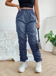 SHEIN PETITE Chất rắn Eo đàn hồi Quần - Màu xanh hải quân - Xem 4