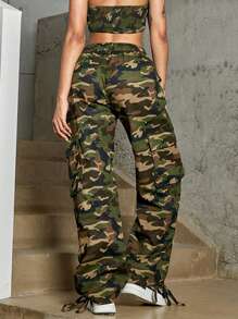Street Camo Print Flap Pocket Side Cargo Parachute Pants - Multicolor - View 2