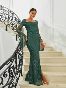 Missord Square Neck Split Thigh Sequin Formal Dress