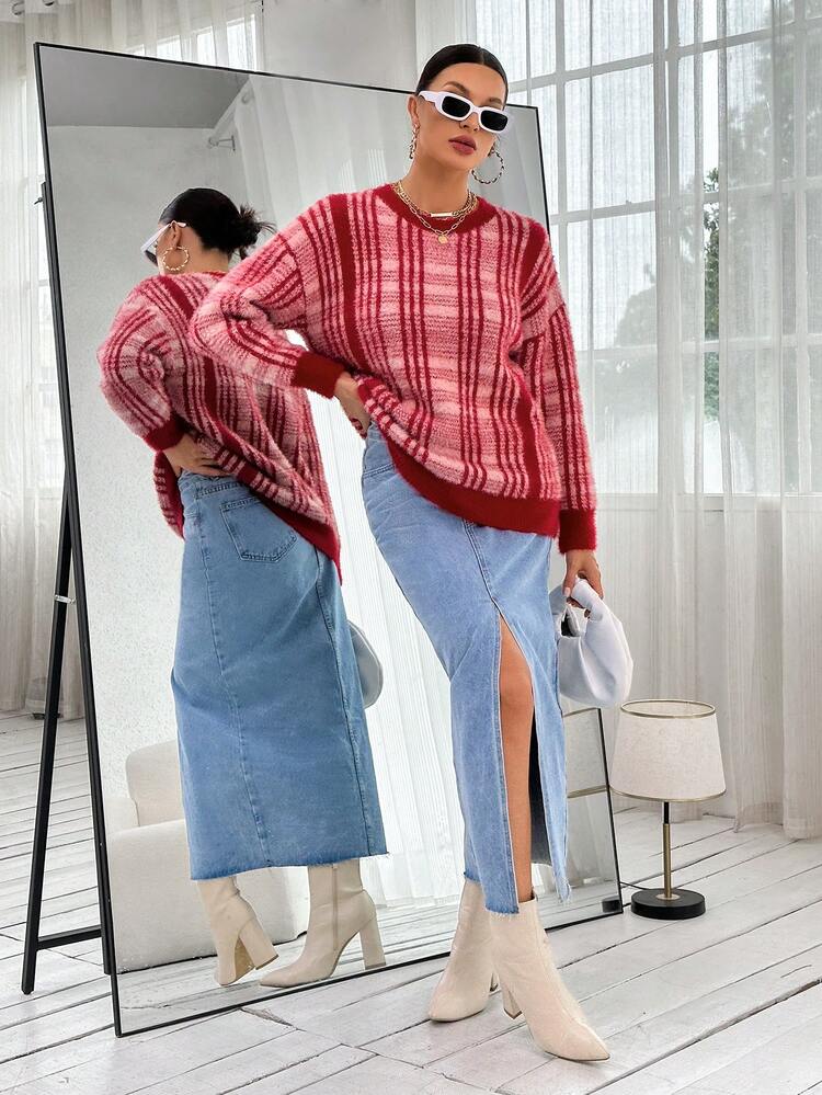 Plaid Pattern Drop Shoulder Sweater