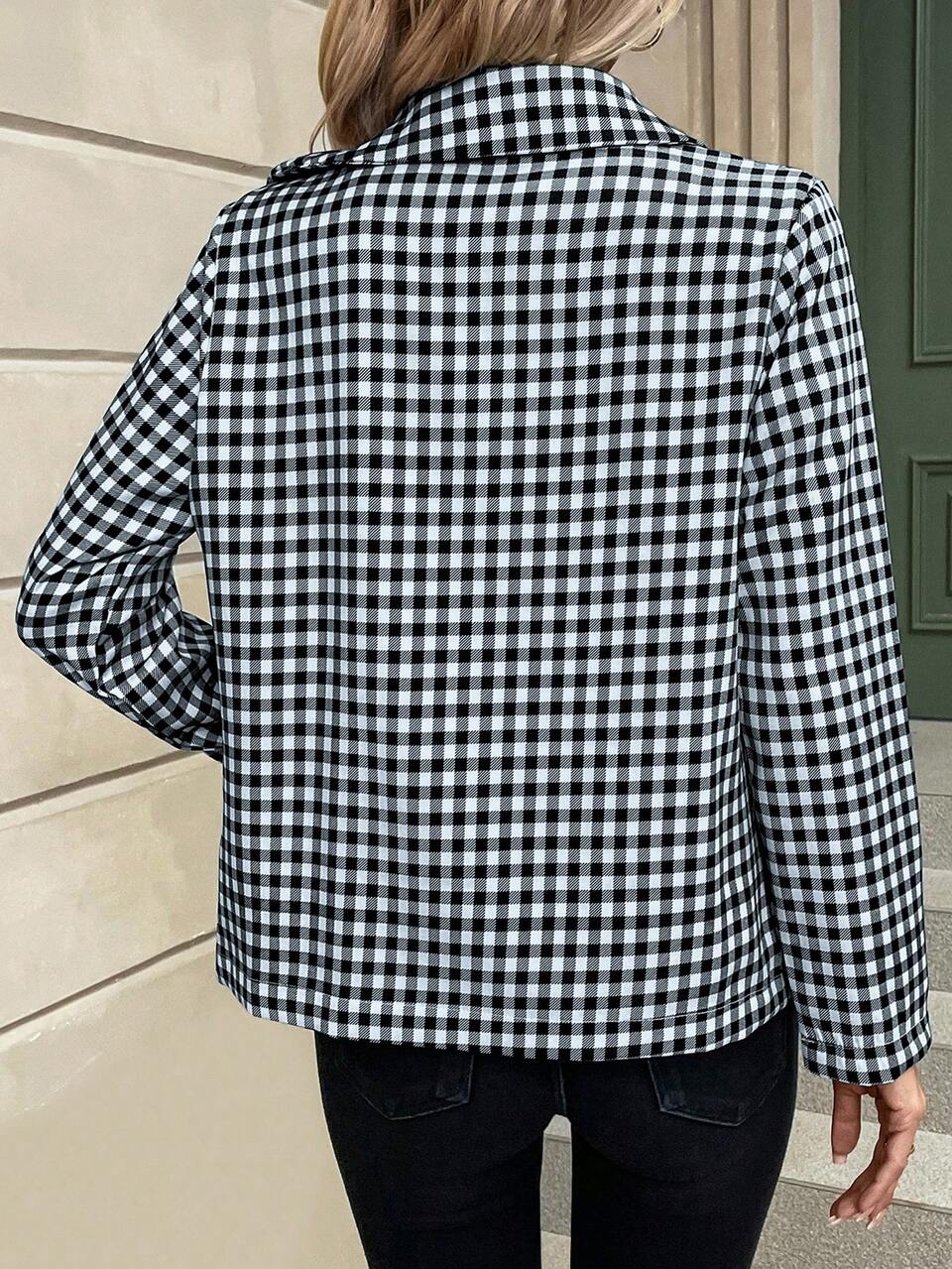 Gingham Print Double Breasted Coat Fall Cloth For Women