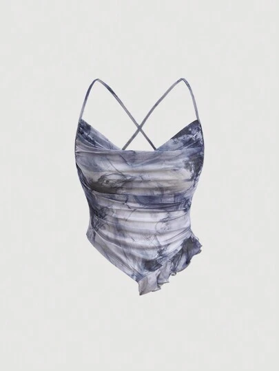 SHEIN MOD 扎染斜領背心上衣,漸變印花,大理石印花