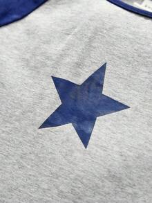 SHEIN Cô gái Tween In Sao Tay Raglan Áo thun - Màu xanh hải quân - Xem 4
