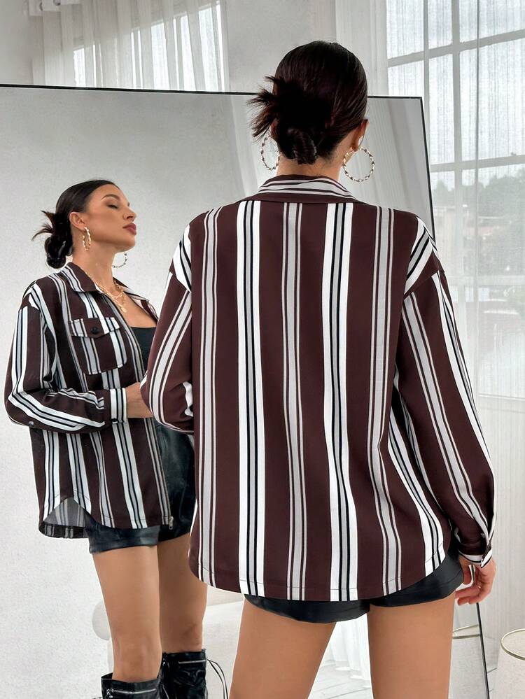 Striped Print Drop Shoulder Flap Pocket Shirt
