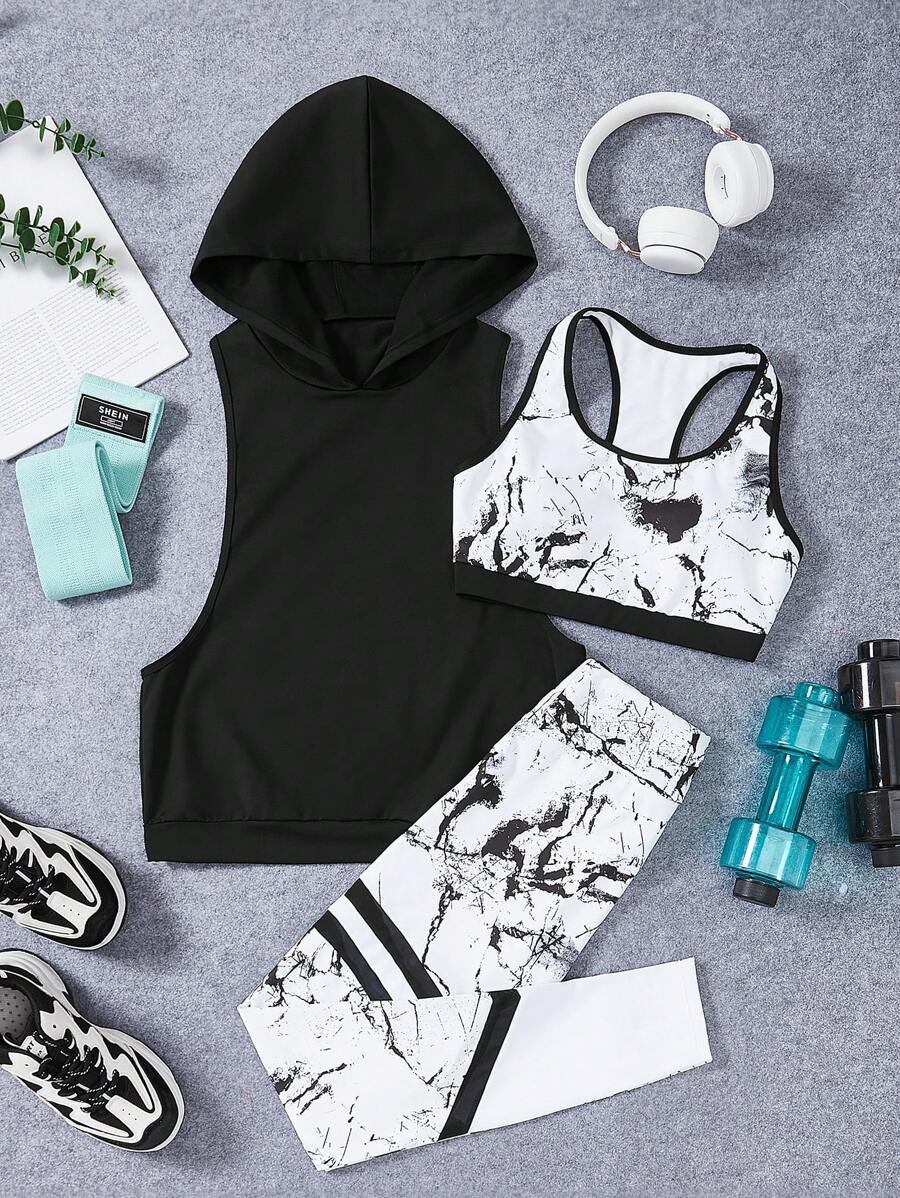 素色運動背心和圖案運動型文胸和運動打底褲