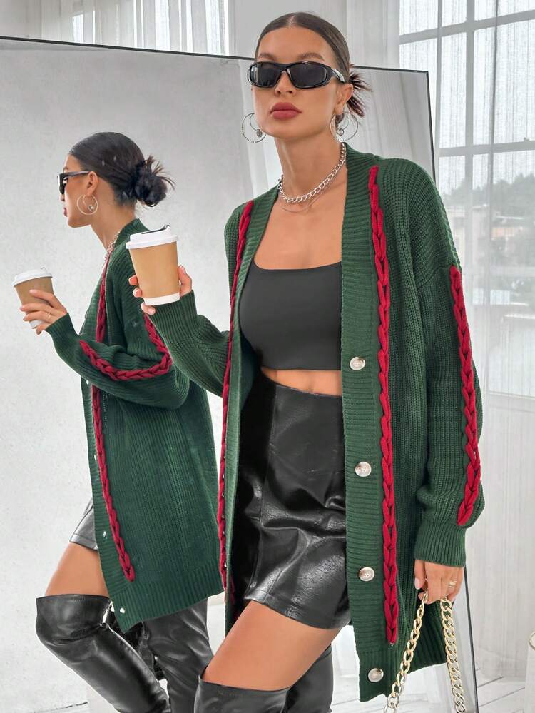 Contrast Trim Drop Shoulder Cardigan