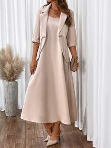 翻領正面結結西裝外套和吊帶洋裝 - 杏色 - 查看 3