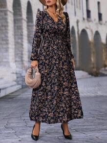 SHEIN LUNE Allover Floral Print Lantern Sleeve Dress Maxi Women Outfit Fall Cloth For Women - Multicolor - View 5