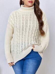 SHEIN Unity Áo len cổ lọ dệt kim dáng suông, vai rớt, thích hợp cho mùa thu đông. - trắng - Xem 3