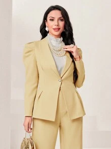 Modelyn Shawl Collar Puff Sleeve Single Button Blazer - Yellow - View 5